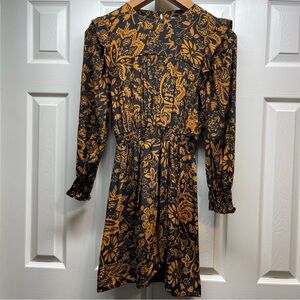Zara Gathered Dress Black & Orange Floral Paisley Chic And Stylish Print Size S